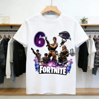 T-shirt de aniversário infantil Fortnites com número para menina e menino, roupa de verão em algodão para bebé, top de manga curta para festa, presente para criança pequena