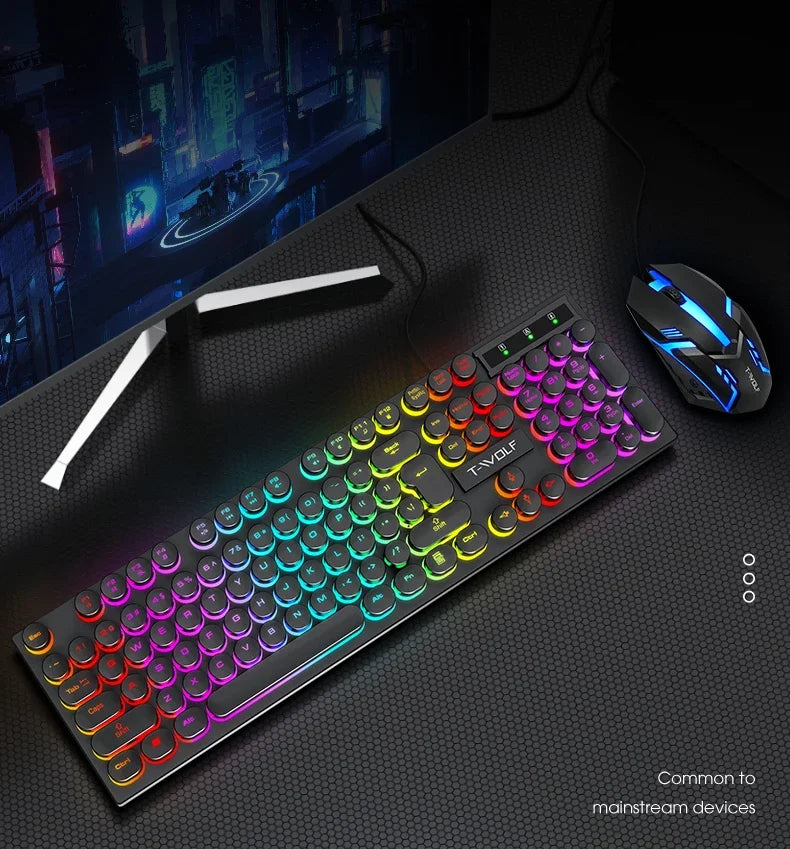 T80 Gaming Mechanical Feel Keyboard Wired 104 Keys Keyboard USB Retro Punk Game Office Suspended Keycap Cool RGB Lighting Effect