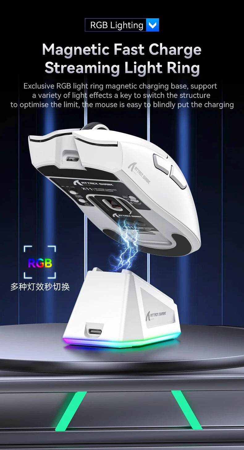 ATTACK SHARK X11 Tri-Mode leichte Gaming-Maus mit PAW3311, 22000DPI, 400IPS, 40G, 59g, magnetischem Schnellladen, RGB-Hintergrundbeleuchtung