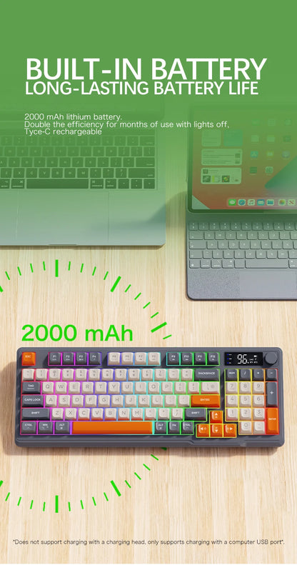 M96 Bluetooth Wireless Keyboard FREEWOLF Digital Display, RGB Backlight, 2000mAh Battery & PBT Keycaps for PC/Laptop