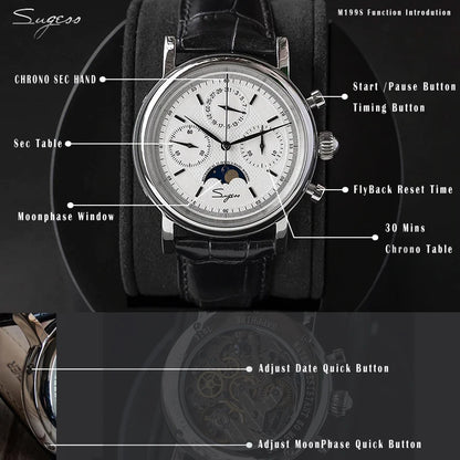 Original Movement ST1908 Sugess Men Mechanical Calendar Watch Chronograph Vintage Moonphase Wristwatches Waterproof