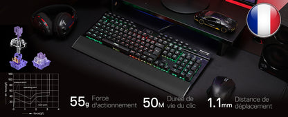 Redragon K550 RGB AZERTY Gaming Keyboard, 104 Keys + 12 Macro Keys, Wired Mechanical Keyboard, Aluminum Top Plate, Clicky Purple Switches, 2 USB Ports, Wrist Rest, Black