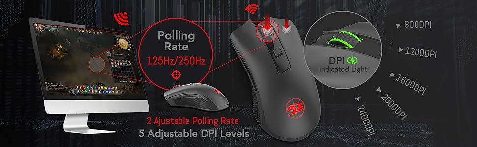 Rato sem fios Redragon M652 Optical 2.4G com recetor USB, rato portátil para gaming e escritório, 5 níveis de DPI ajustáveis