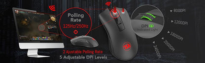Rato sem fios Redragon M652 Optical 2.4G com recetor USB, rato portátil para gaming e escritório, 5 níveis de DPI ajustáveis