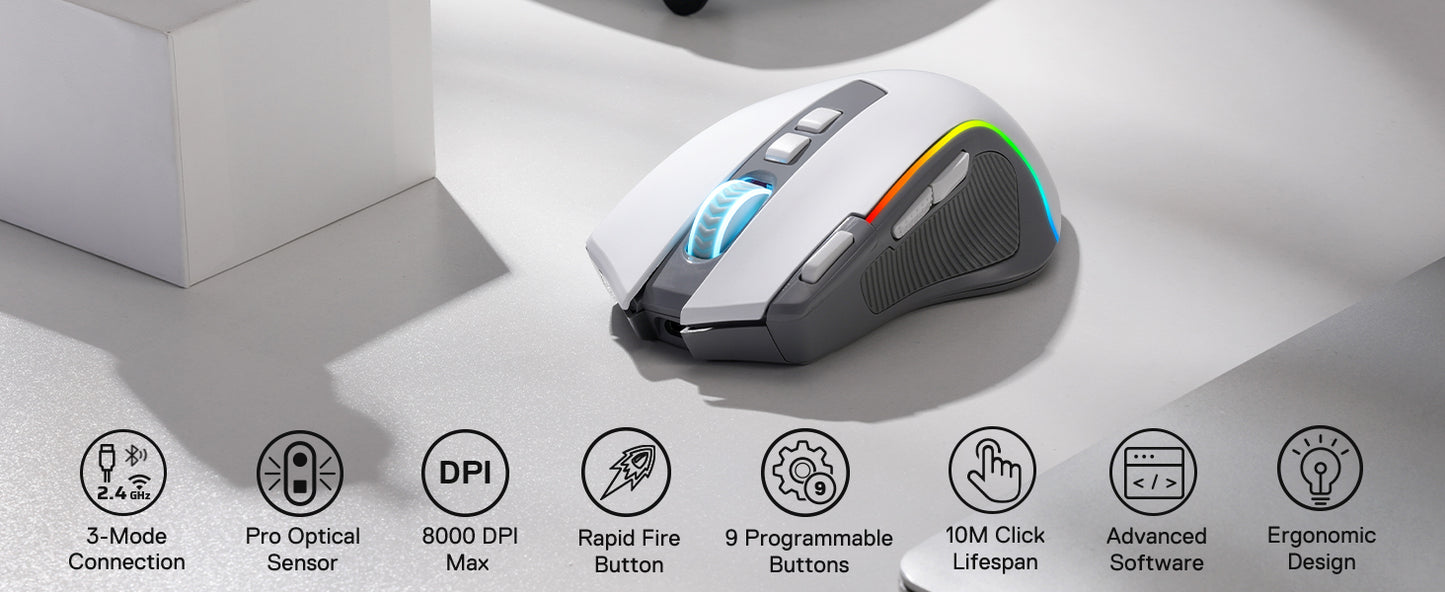 Rato Gaming Redragon M612 PRO RGB BT 2.4G, ótico sem fios 8000 DPI, 9 botões programáveis, 7 modos retroiluminados, B
