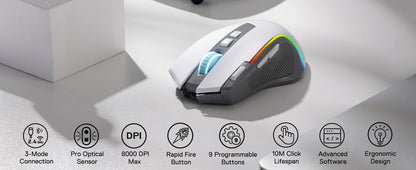 Rato Gaming Redragon M612 PRO RGB BT 2.4G, ótico sem fios 8000 DPI, 9 botões programáveis, 7 modos retroiluminados, B