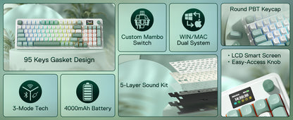 Redragon K719 Wireless Gasket Gaming 95 Keys Mechanical Keyboard, Easy-Control 1.14’’ TFT Info Display, Mint Mambo Switches