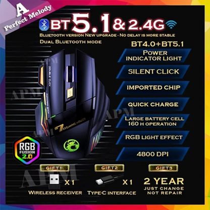 Rechargeable Wireless Gaming Mouse 2.4G Silent RGB Gaming Mouse with 7 Buttons, Adjustable DPI, Ergonomic Rechargeable Wireless Gaming Mouse for PC & Laptop