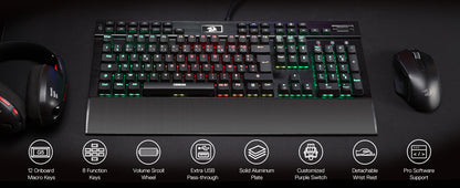 Redragon K550 RGB AZERTY Gaming Keyboard, 104 Keys + 12 Macro Keys, Wired Mechanical Keyboard, Aluminum Top Plate, Clicky Purple Switches, 2 USB Ports, Wrist Rest, Black