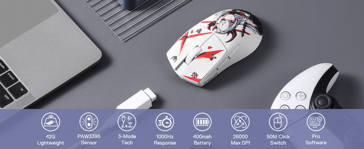 Rato Gaming Redragon M916AK PRO 3-Mode Anime 42G Ultra-Light 26K DPI com Botões Totalmente Programáveis